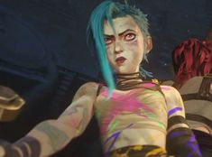 an animated character with blue hair and piercings holding a knife in front of another character