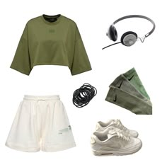 off white shorts green shirt sport shoes Nike Green socks headphones hairties sporty Sporty Clothes Png, Clothes Sets Png, Green Sporty Outfits, Sporty Clothes Aesthetic, One Set Korean Style, Sporty Outfits Shorts, Sporty Outfit Aesthetic, Kpop Clothes Png, Outfit Ideas Png