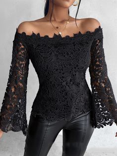 Flared Sleeves Long Sleeves Hollow Solid Color Off-The-Shoulder T-Shirts Tops BLACK-S Black Off-shoulder Top For Night Out, Black Off-shoulder Top For Fall Party, Black Long Sleeve Off-shoulder Top For Summer, Black Long Sleeve Off-shoulder Top For Party, Black Long Sleeve Off-shoulder Party Top, Look Board, Womens Outfits, Leisure Fashion, Goth Girl