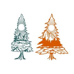 three trees with different colors and shapes