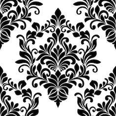 a black and white damask wallpaper with an ornate design in the center on a white background