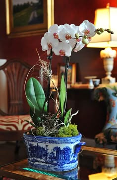 a blue and white flower pot sitting on top of a table next to a lamp