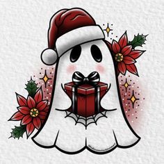 a white ghost with a red hat holding a gift box and poinsettis