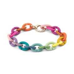 Add color to your life with this eye-catching and smooth rainbow bracelet. This beautiful bracelet consists of nineteen different colored Rubber X links combined with a Basic Bronze Lock. Together it creates a lovely rainbow around your wrist. Each of the lightweight Rubber X links are designed with an X opening that makes it possible to adjust the bracelet size by easily adding or removing links to make it the perfect fit for your wrist. The Rubber X links can be purchased individually to incre Make Your Own Bracelet, Bronze Bracelet, Bronze Bracelets, Gold Link Bracelet, Rainbow Bracelet, Metal Chain Link, Letter Charms, Bracelet Sizes, Earring Necklace