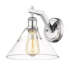 a light fixture with a clear glass shade on the side and a metal wall bracket