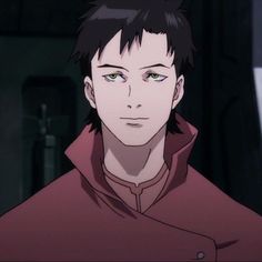 an anime character with black hair and green eyes looking at the camera while wearing a red jacket