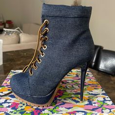 Stiletto Heel Booties Brand New Never Been Worn. High Heel Booties With Padded Heel, Trendy Ankle Boot Heels With 4-inch Heel, Denim Platform High Heels, Fitted High Heel Platform Booties, Trendy Denim Heels With Round Toe, Chic Denim Heels With Round Toe, Shoes Heel, Fit Mom, Stiletto Heel