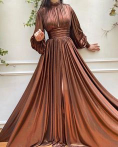 Details: - Brown colored - Shiny plaisir fabric  - A-line with waist definition with an open leg  - For special occasions Long Green Skirt, Teuta Matoshi, Plus Zise, Big Dresses, Halter Neck Maxi Dress, Princess Sleeves, Elegant Prom Dresses, Princess Dresses, Green Maxi