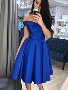 Off the Shoulder Royal Blue Short Prom Dresses Homecoming Dresses, Off – Shiny Party Royal Blue Evening Dress, Off Shoulder Ball Gown, Short Satin Dress, Royal Blue Shorts, Satin Homecoming Dress, Royal Blue Prom Dresses, Cocktail Outfit, Blue Evening Dresses, Satin Short