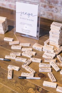 jenga guestbook Picture Table Wedding Photo Displays, Guest Games At Wedding, Guest Wedding Activities, Wedding Guest Book Jenga, Jenga At Wedding, Jenga For Wedding, Jenga Sign In Guest Books, Wedding Jenga Blocks, Nontraditional Wedding Guest Book