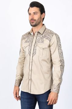 SIZE CHART Measurements: Model is wearing size Medium. Fabric: Cotton Fit: Relaxed Fit Description: Ride into style with our Men's Embroidery Modern Fit Stretch Long Sleeve Shirt. This modern take on a classic western shirt features intricate embroidery and a comfortable stretch fit. Perfect for both casual outings and western-inspired looks. Details & Features: Intricate Western-inspired Embroidery: Adds a touch of rugged charm. Modern Fit: Ensures a comfortable and flattering silhouette. Stret Western Style Long Sleeve Embroidered Shirt, Western Long Sleeve Embroidered Shirt, Western Style Embroidered Cotton Shirt, Western Long Sleeve Top With Floral Embroidery, Embroidered Beige Cotton Shirt, Beige Embroidered Cotton Shirt, Fitted Long Sleeve Tops With Tonal Embroidery, Fitted Cotton Tops With Tonal Embroidery, Mens Embroidery