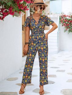 Printed V-Neck Flutter Sleeve Jumpsuit Fitted Printed V-neck Jumpsuits And Rompers, Summer V-neck Jumpsuits And Rompers With Floral Print, Bohemian V-neck Printed Jumpsuits And Rompers, Casual Floral Print V-neck Jumpsuit, Long Pant Jumpsuit, Bohemian Printed V-neck Jumpsuit, Casual Playsuit, Wide Leg Pants Outfit, Boho Jumpsuit