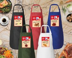 three aprons with different types of food on them and the names of each one