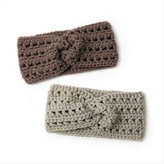 two crocheted headbands are shown on a white surface, one is brown and the other is gray