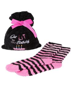 Party like it’s your birthday with our Get Lit Cozy Sock & Gift Bag Set. This perfectly plush sock set is covered in alternating stripes with a fleece foot feel to keep you cozy on your special day. The socks come in an adorable gift bag complete with an embroidered birthday cake and the message, “Get Lit For Your Birthday.” A great gift for you or any birthday boy or girl. Cozy plush sock and gift bag set Embroidered artwork and text “Get Lit For Your Birthday” Includes 1 pair of plush socks wi Cozy Socks Gift, Sock Gift, Cosy Socks, Mesh Laundry Bags, Cozy Socks, Women's Socks, Birthday Woman, Sock Gifts, Womens Bras