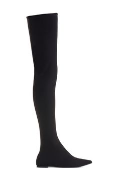 Keep your look streamlined with one-and-done ease in this thigh-high stocking boot that seamlessly pairs a pointy-toe kidskin flat with a stretch-jersey shaft. Pull-on style Textile and leather upper and lining/leather sole Made in Italy Designer Shoes Black Fitted Knee-high Boots, Sleek Fitted Black Knee-high Boots, Fitted Over-the-knee Tights For Fall, Classic Fitted Knee-high Legwear, Fitted Classic Knee-high Legwear, Fitted Over-the-knee Stockings For Night Out, Fitted Thigh High Heeled Boots, Evening Thigh High Fitted Stockings, Fitted Thigh High Evening Stockings