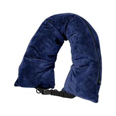 a blue travel pillow with zippers on the front and back straps, attached to a white background