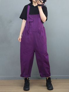 Style: Street Material: Cotton Pattern: Solid Color Length: Full Length Decoration: Pocket Closure Type: Pullover Silhouette: Straight Leg Gender: Female Season: Summer #purple #overalls #dungarees #biboveralls Plus Size Overalls Outfit, 90s Dungarees, Purple Overalls, Enby Outfits, Plus Size 90s, 90s Overalls, Summer Overalls, Overalls Shorts, Shorts Plus Size