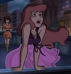 an animated image of a woman in a purple dress