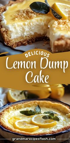 delicious lemon dump cake on a plate with the title overlay reads delicious lemon dump cake