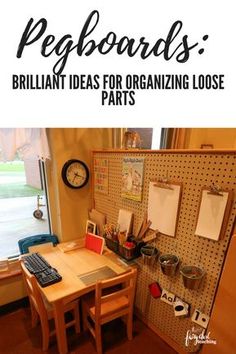 a desk with a computer on it and the words pegboard's brilliant ideas for organizing loose