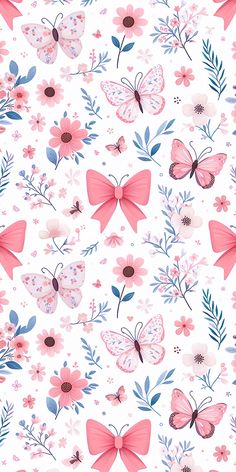 a white background with pink butterflies and flowers