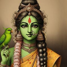 a painting of a woman holding a green bird