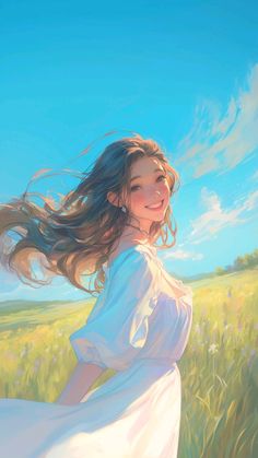 a painting of a girl in a white dress standing in a field with her hair blowing in the wind