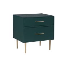 a dark green nightstand with two drawers and gold handles on the bottom, against a white background