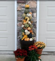 there is a display of pumpkins and gourds in front of a garage door