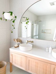 a bathroom with two sinks and a large mirror above it's countertop, along with a plant hanging on the wall