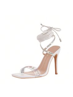 White Elegant,Sexy,Vacation,Funky,Fashionable Collar  PVC  Mules Embellished   Women Shoes Ankle Strap Heels With Rhinestones For Summer, Summer Rhinestone Ankle Strap Heels, Rhinestone Ankle Strap Heels For Party Season, Party Season Heels With Rhinestones And Ankle Strap, Rhinestone Heels With Ankle Strap For Party Season, High Heel Sandals With Rhinestones For Events, Summer Event Heels With Rhinestones, Strappy Heels With Rhinestones For Night Out, Strappy Rhinestone Heels For Night Out