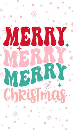 merry christmas card with hand lettering and snowflakes in pink, green and red