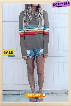 Grey Fashion Colorful Striped Long Sleeve T-shirt Trendy Multicolor Color Block T-shirt, Multicolor Color Block Top For Fall, Long Sleeve Color Block T-shirt For Summer, Gray Color Block T-shirt For Summer, Gray Color Block Top For Summer, Gray Color Block Summer Top, Retro Gray Long Sleeve Tops, Multicolor Crew Neck T-shirt For Spring, Multicolor Long Sleeve T-shirt For Summer