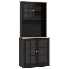 a black cabinet with two doors and shelves