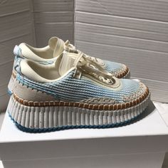 Fashion Forward Style! Comes In Original Box With 2 Dust Bags. Gorgeous Rare Color! Blue Low-top Sneakers With Woven Sole, Blue Leather Platform Sneakers, Chloe Shoes, Womens Shoes Sneakers, Chloe, Fashion Forward, Original Box, Blue White, Dust Bag