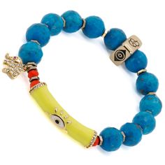 The Evil Eye & Elephant Turquoise Stone Beaded Bracelet is a one-of-a-kind piece of handmade jewelry that combines natural turquoise stones with powerful symbols of protection. The bracelet features a turquoise stone, an elephant, an evil eye, and a hamsa symbol. The turquoise stone is known for its healing properties and is believed to promote inner peace and calmness. The evil eye tube bead is a symbol of protection against the "evil eye" and negative energies. The 18k gold-plated elephant cha Adjustable Turquoise Evil Eye Bracelet With Round Beads, Adjustable Turquoise Beaded Evil Eye Bracelet, Adjustable Beaded Turquoise Evil Eye Bracelet, Spiritual Turquoise Evil Eye Bracelet With Round Beads, Handmade Turquoise Bohemian Evil Eye Bracelet, Handmade Turquoise Evil Eye Bracelet With Round Beads, Bohemian Beaded Turquoise Evil Eye Bracelet, Spiritual Turquoise Beaded Bracelets With Large Beads, Spiritual Turquoise Bracelets With Colorful Beads