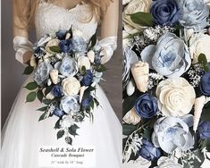 the bridal bouquet is made up of blue and white flowers