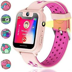 a child's smart watch with various icons surrounding it and an image of the phone