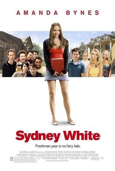 a movie poster for sydney white with a woman standing in front of a group of people