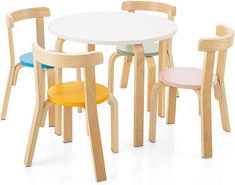 the children's table and chairs are made from wood, with different colored seats