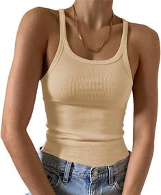 Artfish Women's Sleeveless Full Tank Top Form Fitting Scoop Neck Ribbed Knit Basic Tight Fitted Cami Beige Tan M at Amazon Women’s Clothing store Crop Top Camisole, Print Shirts Women, Knitted Crop Tank Top, Crop Top Designs, Cami Shirt, Womens Sleeveless Tops, Ribbed Crop Top, Ribbed Tank Tops