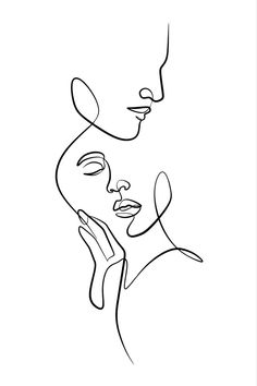 a black and white line drawing of a woman's face with her hand on her cheek