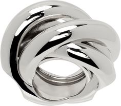 Sculptural ring in silver-tone brass. Logo engraved at side. Supplier color: Shiny silver Luxury Silver Rings With Polished Finish, Luxury Metal Ring With Polished Finish, Metal Rings For Formal Occasions With A Modern Twist, Formal Modern Twist Metal Rings, Luxury Silver Ring With Shiny Finish, Contemporary Silver Rings For Wedding, Contemporary Silver Jewelry For Wedding, Contemporary White Gold Rings With Polished Finish, Formal Metal Rings With Polished Finish