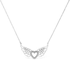 Wing-shaped Sterling Silver Necklaces For Anniversary, Sterling Silver Wing-shaped Necklaces For Anniversary, Sterling Silver Wing-shaped Necklace For Anniversary, Sterling Silver Heart Jewelry With Angel Wings, Anniversary Sterling Silver Wing-shaped Necklaces, Elegant Heart Shaped Angel Wings Necklace, Wings Necklace Angel, Elegant Jewelry Pendant With Angel Wings, Elegant Silver Necklace With Angel Wings