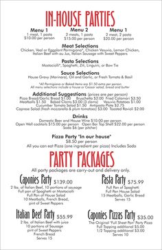 a menu for a party with pizzas and other items on the side, as well as prices