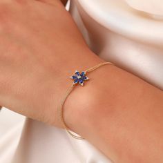 Tiny Sapphire Bracelet, Real 14K Gold Flower Sapphire Bracelet, Dainty initial Sapphire Bracelet, Handmade 14K Gold Anniversary Bracelet, Dainty Custom Bracelet, Anniversary Bracelet, Birthday Gift, Christmas Gift, Solid Gold Bracelet, Minimalist Gold Bracelet, Wedding Bracelet, Valentine's Day Gift "Material: SOLİD GOLD (No Gold Filled Or No Gold Plated)" "KARAT: 14K (585) "Bracelet Length: 14,8 MM "Bracelet Width: 12,9 MM "Available Gold Color: (Yellow Gold, White Gold, Rose Gold) "The certifi Anniversary Bracelet, Gold Flower Bracelet, Blue Sapphire Bracelet, Minimalist Flower, Bracelets With Meaning, Solid Gold Bracelet, Bracelet Christmas, Bracelet Minimalist, Bracelet Box