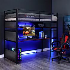 a black loft bed with blue lights underneath it