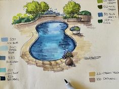 a watercolor sketch of a pool and landscaping