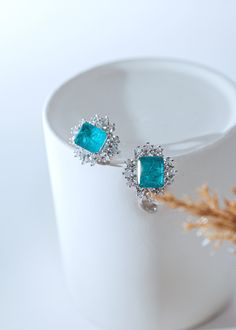 Turquoise and Celeste gemstones, 925 Sterling Silver, Zirconium Stones Formal Turquoise Earrings With Gemstone Accents, Turquoise Earrings With Gemstone Accents For Formal Events, Elegant Turquoise Earrings With Gemstone Accents, Blue Emerald Gemstone Earrings, Silver Aquamarine Gemstone Earrings, Turquoise Aquamarine Fine Jewelry, Elegant Turquoise Sterling Silver Jewelry, Turquoise Sterling Silver Fine Jewelry Earrings, Silver Aquamarine Jewelry Set With Earrings